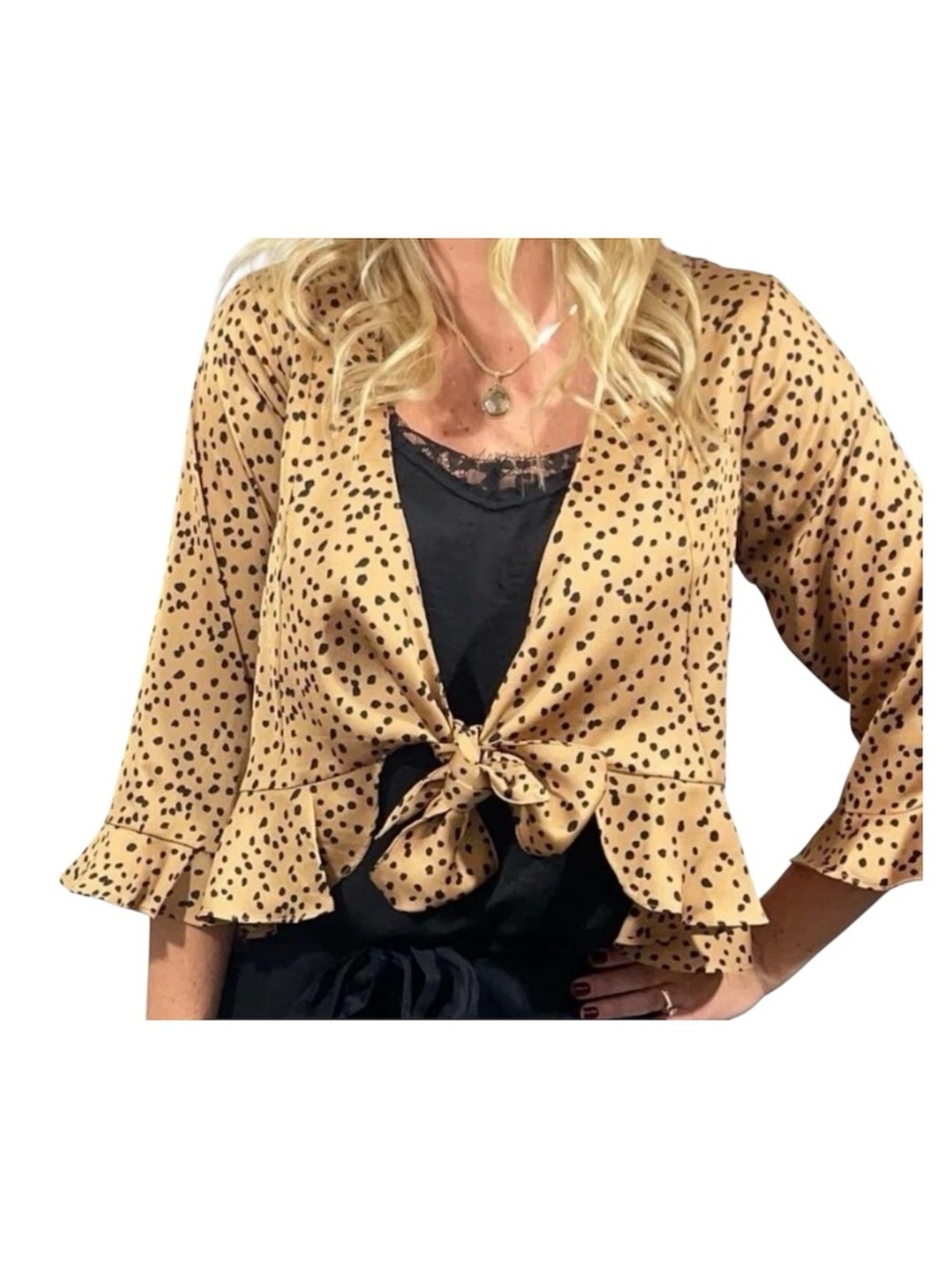 Easel Tie-Front Ruffle Top in Camel Spot 3/4 Sleeve Open Front